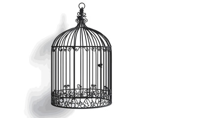 A digital image shows a black metal birdcage against a white background. The birdcage is dome-shaped with a decorative top and a visible, slightly ornate base. The cage is empty.  A subtle shadow