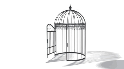A digital rendering of a large, ornate, black metal birdcage. The cage is cylindrical with a domed top and features decorative detailing. The door is open, revealing the empty interior.  The cage