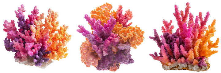 Vibrant coral formation in shades of pink, orange, and purple isolated on transparent background