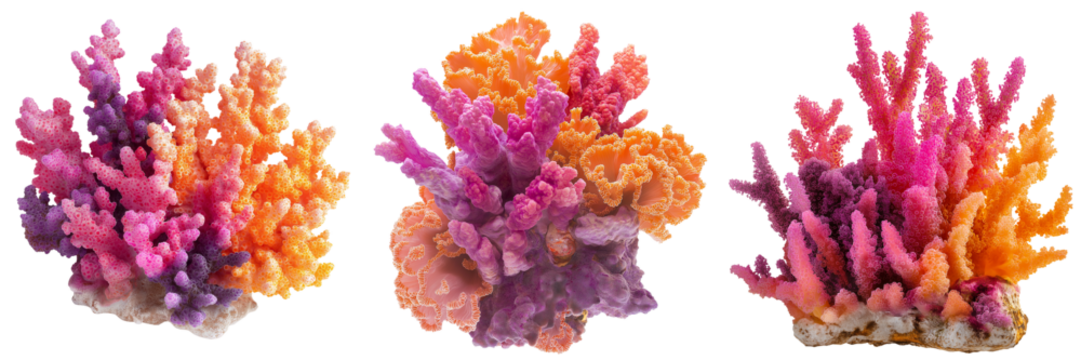 Vibrant coral formation in shades of pink, orange, and purple isolated on transparent background