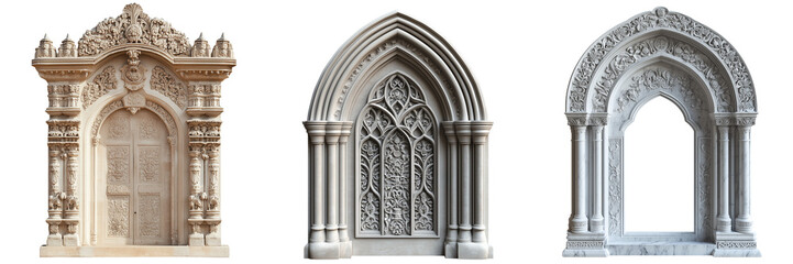 Detailed door arch with intricate carvings and keystone isolated on transparent background