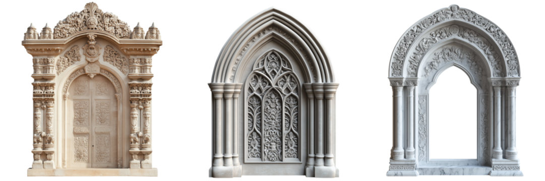Detailed door arch with intricate carvings and keystone isolated on transparent background - Powered by Adobe