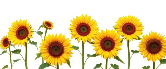 Vibrant sunflowers isolated on pure white backdrop, plant, leaves, image