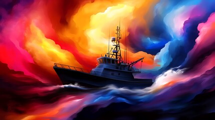 Fototapeta premium Stormy Seas Brave Ship Navigates Vibrant Cloudscape.