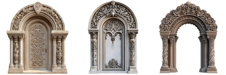 Detailed door arch with intricate carvings and keystone isolated on transparent background