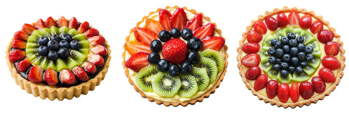 A colorful fruit tart filled with smooth pastry cream and topped with fresh slices of kiwi, strawberry, and whole blueberries, isolated on a transparent background	