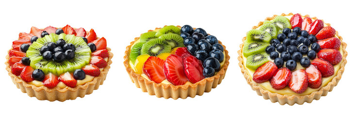 A colorful fruit tart filled with smooth pastry cream and topped with fresh slices of kiwi, strawberry, and whole blueberries, isolated on a transparent background	
