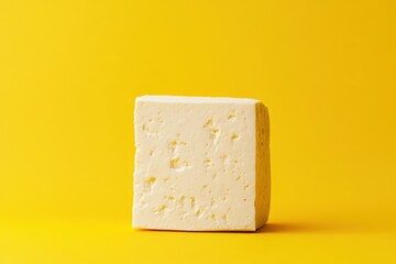 A block of white cheese sits against a bright yellow backdrop