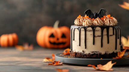 Halloween cake with pumpkins and leaves on a table.