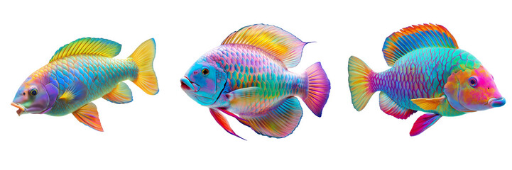 A colorful parrotfish with vibrant, iridescent scales reflecting the light, isolated on a transparent background