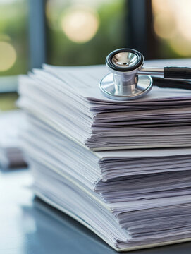 Stack of documents with a stethoscope on top.