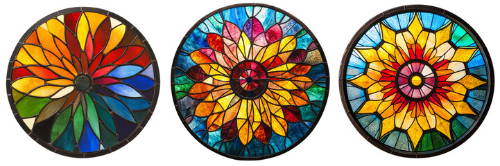 A stained glass window with a circular design of vibrant colors