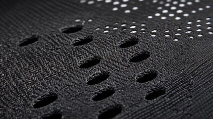 Textile close-up showcasing intricate patterns and perforations in black fabric, emphasizing robust design for sportswear applications