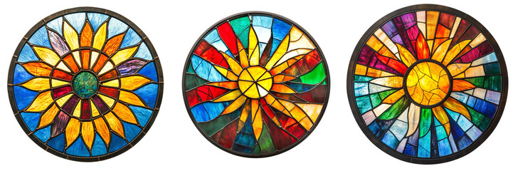 A stained glass window with a circular design of vibrant colors