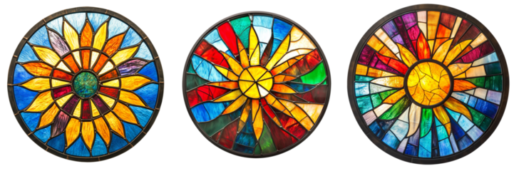 A stained glass window with a circular design of vibrant colors