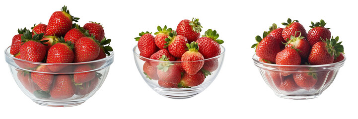 Clear glass bowl filled with ripe red strawberries isolated on transparent background