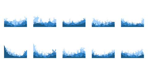 Sea underwater landscape background. Ocean bottom with seaweeds. Vector marine scene. © Maya