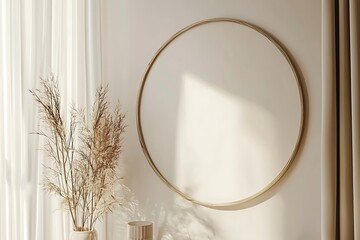 Scandinavian-style living room wall mockup featuring a circular frame with minimalist tones