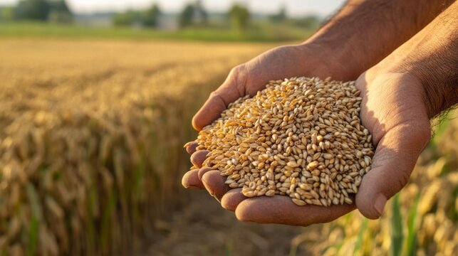 close-up of hands holding a heap of wheat grain.