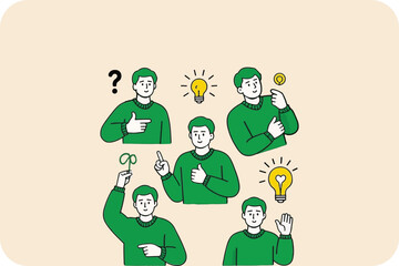 Man with Multiple Ideas, Question, Lightbulbs, and Gestures