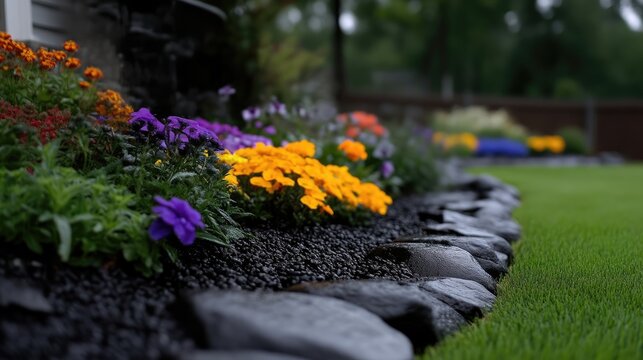 Vibrant flowerbed border, featuring colorful blooms and dark gravel