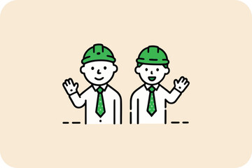 Two Construction Workers Waving, Wearing Helmets, Green Ties