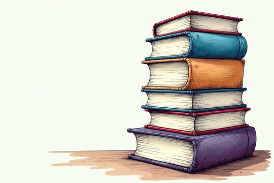 Hand-drawn illustration of a towering stack of books , bookshelf, literary
