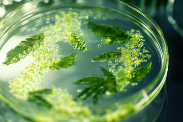 Green plant samples in a petri dish, lab setting