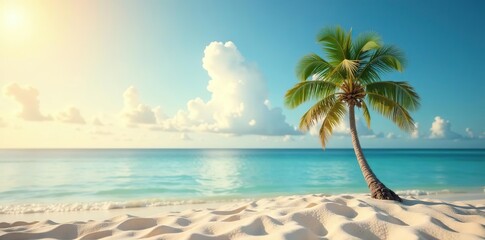 Obraz premium Abstract seascape with a solitary palm tree on a sandy tropical beach, with a soft blur of bokeh light illuminating the calm sea and sky in the background, vacation, palm tree