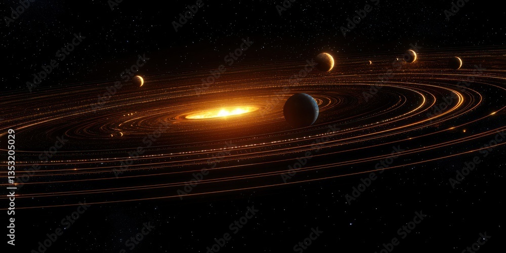 Poster a high-resolution image of a solar system with glowing planets and distant cosmic dust