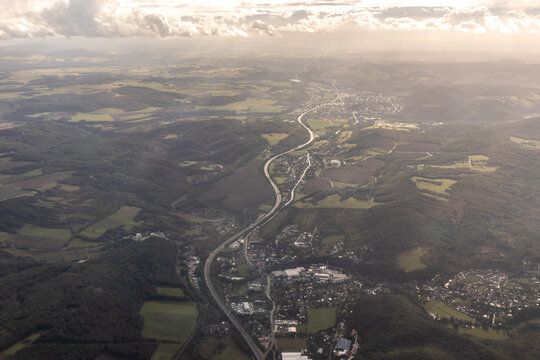 Aerial view of D5 motorway with Lodenice, Vraz and Beroun towns visible, Czech Republic