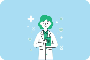 Female Doctor Holding Clipboard, Medical Symbols, Light Blue Background