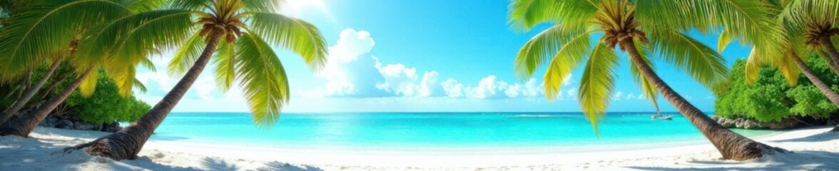 Fototapeta premium Palm trees swaying gently in the warm ocean breeze, surrounded by white sandy beach and turquoise waters , beachy, ocean