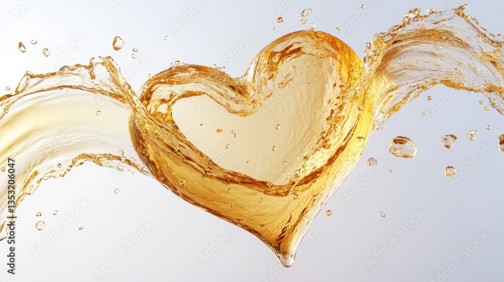 Poster heart-shaped splash of golden liquid creating a dynamic visual effect against a soft background
