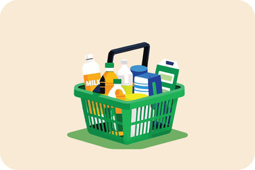 Full shopping basket with diverse groceries, ready for checkout and consumption. © Ismail