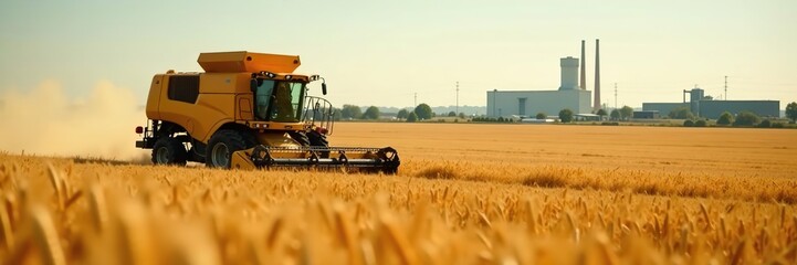 Obraz premium A close-up of a machine harvesting wheat in a vast agricultural field with a factory in the background, wheat, grain