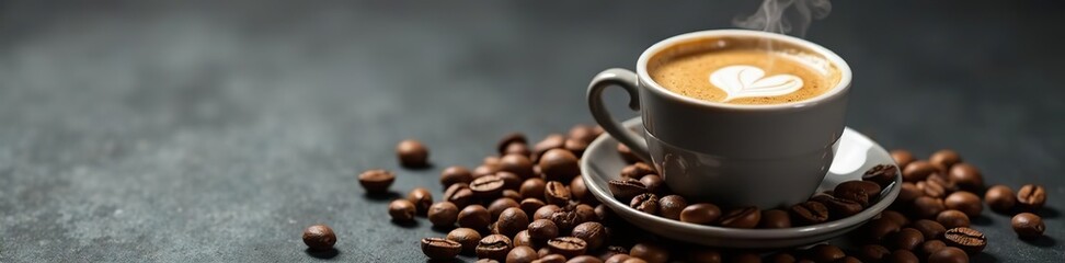 A close-up of a steaming cup of espresso surrounded by roasted coffee beans on a solid grey background,  hot,  beverage
