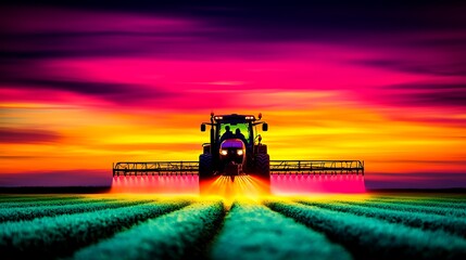 Fototapeta premium Vibrant Sunset Farm Tractor Spraying Crops.