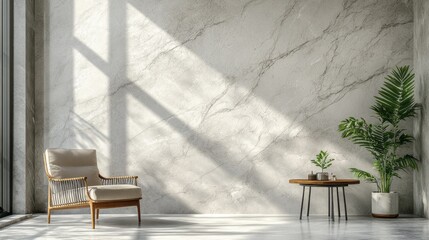 Stylish modern interior featuring armchair table plants and marble wall