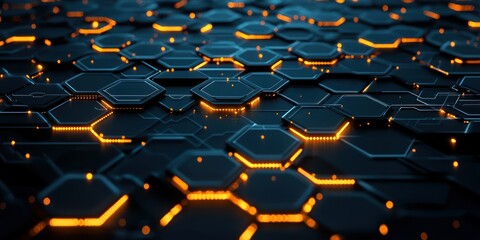 Obraz premium A dark, high-tech surface embedded with illuminated hexagonal circuits
