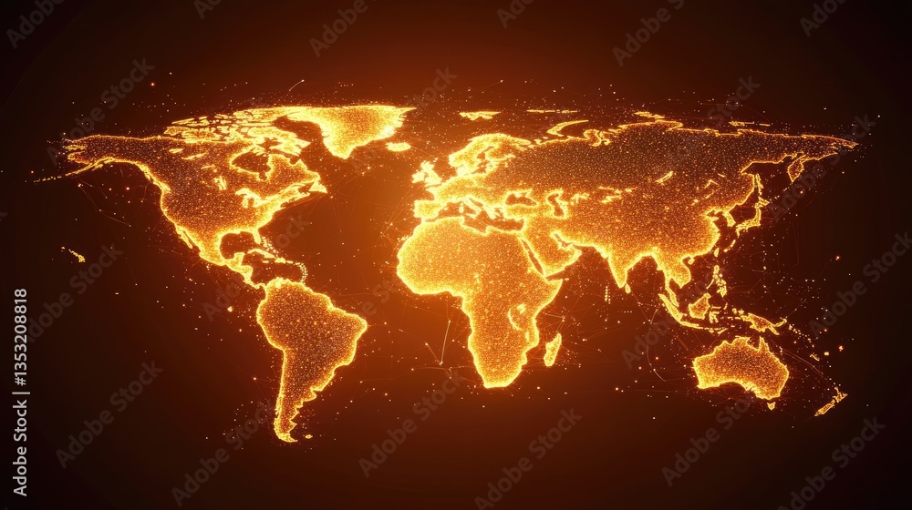 Poster illuminated world map with glowing particles representing global connectivity and digital networks i