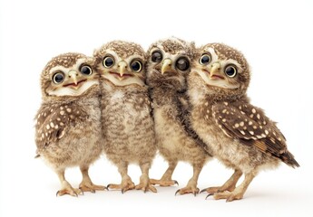 Fototapeta premium white background. Four small owls of different sizes stand on the floor and look at each other with big eyes