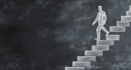 Chalk drawing of businessman ascending stairs on blackboard.