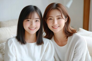 10代の女子高生のかわいい女の子と40代のお母さん。日本人の笑顔の親子。