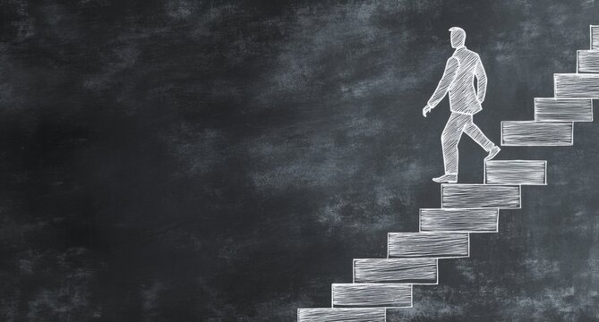 Chalk drawing of businessman ascending stairs on blackboard.
