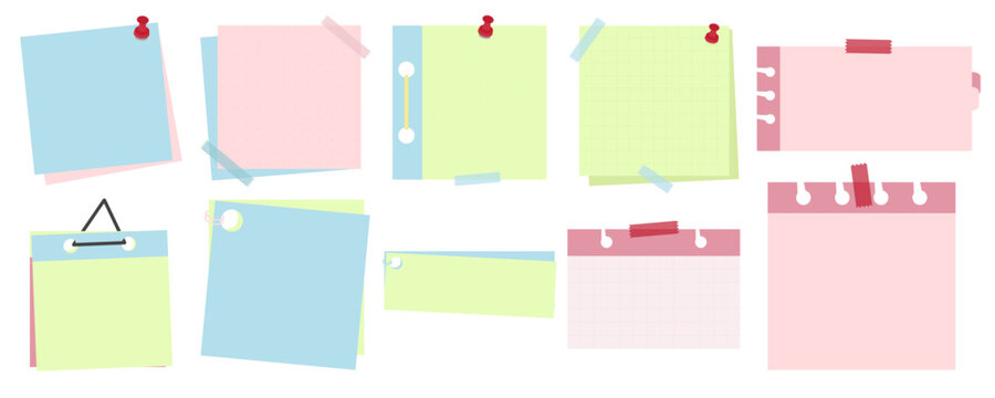 Set of Paper for notes with flat cute style. Large collection of cute blank sticky notes. Vector illustration and isolated.