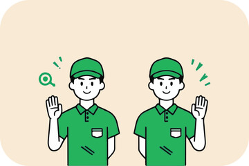 Two Workers Waving Hello: Service, Greetings, and Assistance Vector Illustration Art