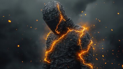 Obraz premium A mysterious figure made of dark material, illuminated by vibrant orange cracks, stands against a smoky background, evoking a sense of power and intrigue.
