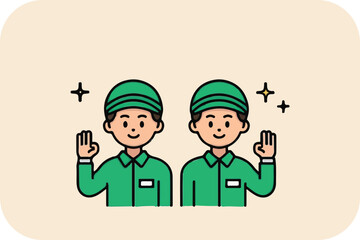 Two Workers Waving Hello: Service, Greeting, and Welcome Vector Illustration