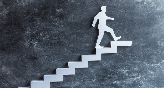 Paper man ascending a staircase.